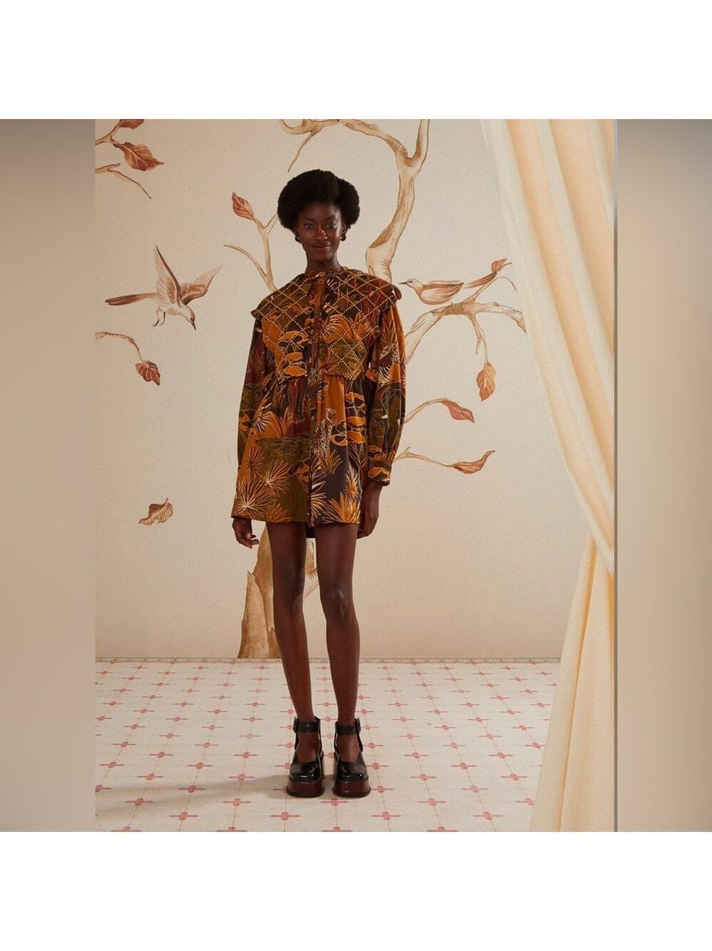 Farm Rio Savana Dream Caramel Matelasse Yoke Mini Dress